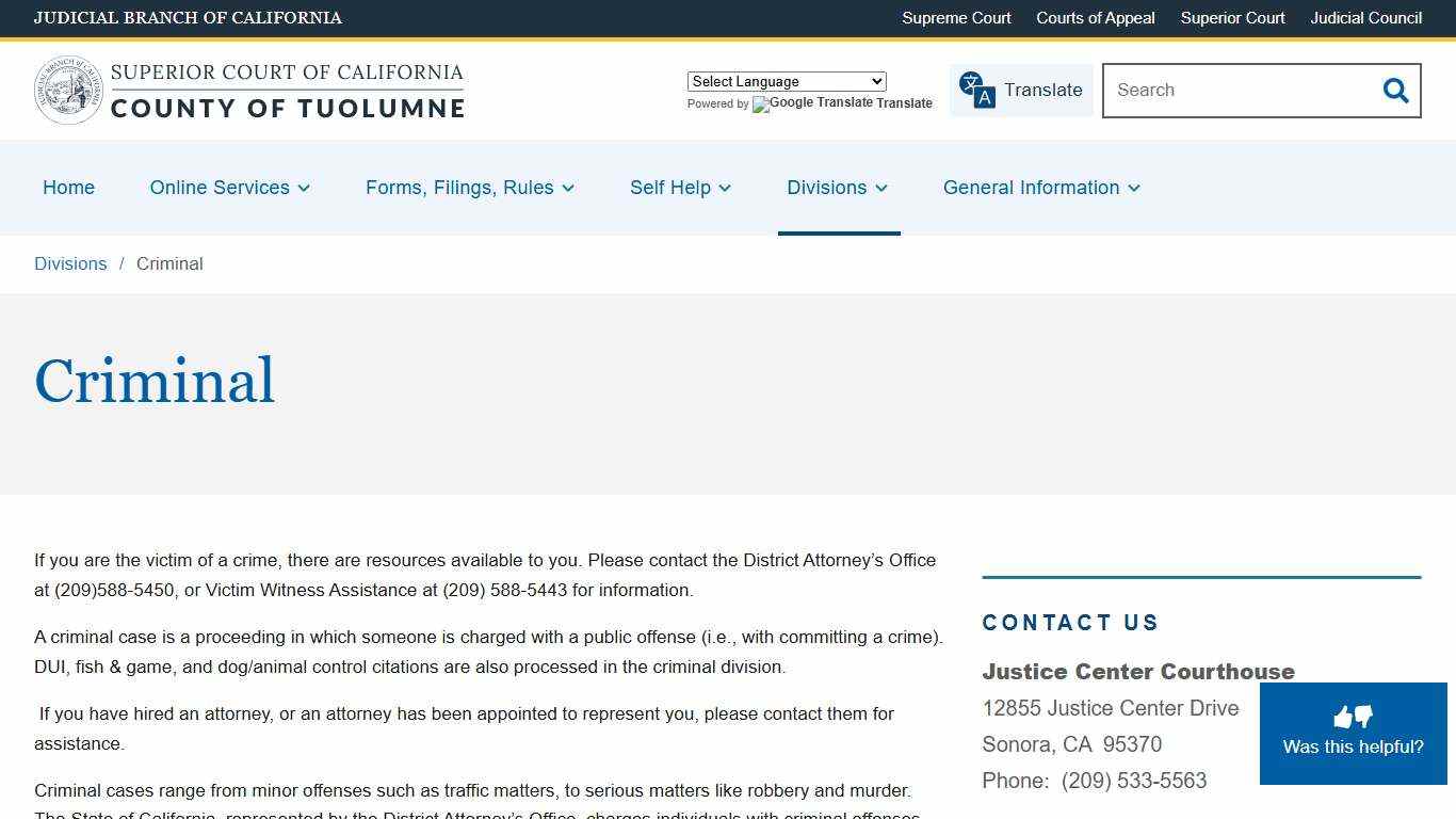 Criminal Superior Court of California County of Tuolumne