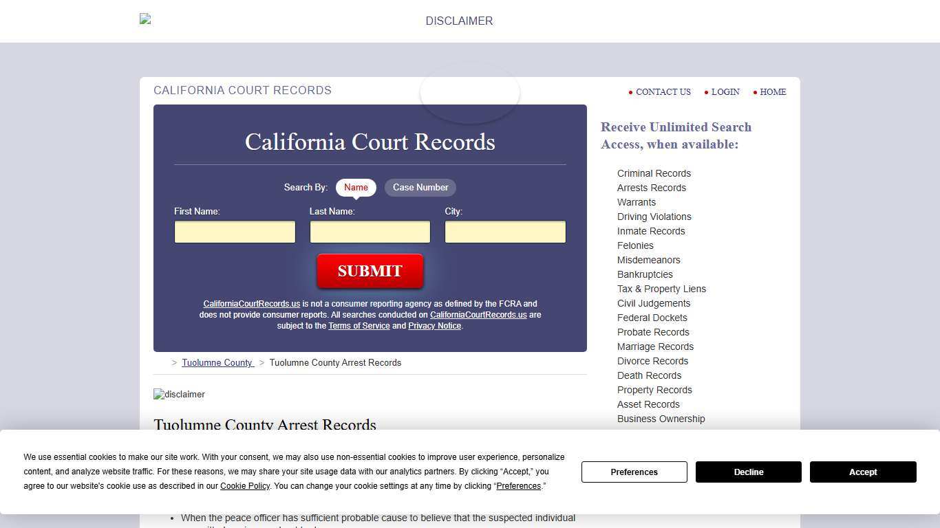 Tuolumne County Arrest Records CaliforniaCourtRecords.us