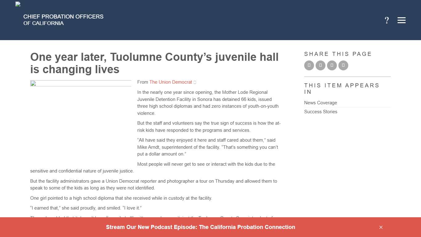 One year later, Tuolumne County's juvenile hall is changing lives - Chief Probation Officers of California